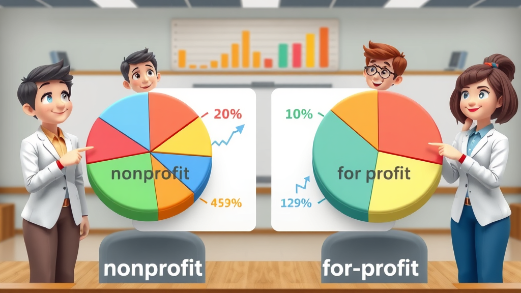 Comparison of nonprofit and for-profit cash flow management using pie charts, financial icons, and nonprofit team collaboration