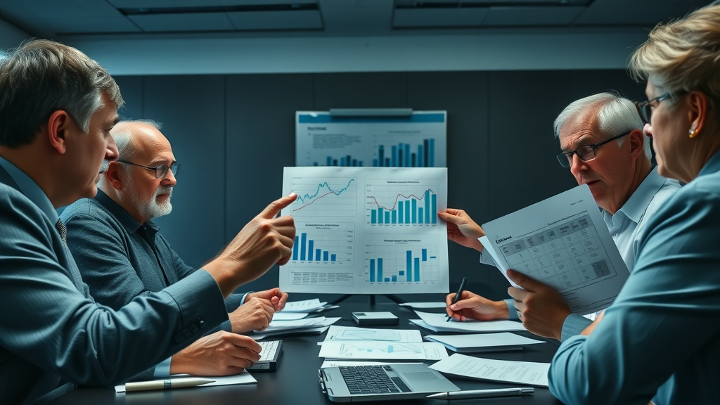 Nonprofit board members examining unpredictable cash flow graphs, focused on cash management issues in a busy boardroom