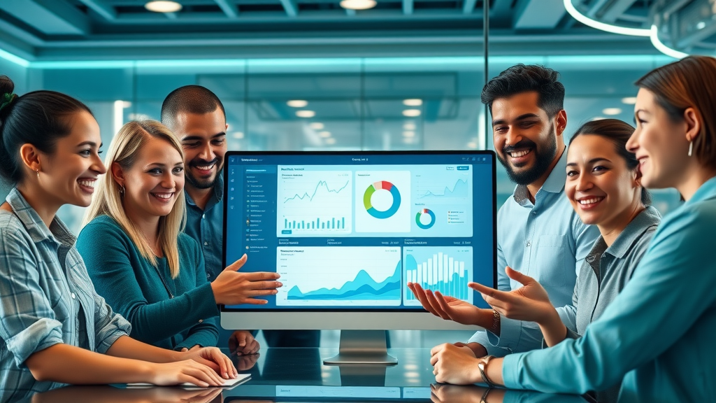 Nonprofit team collaborating around a cash flow dashboard, using technology for improved cash management and forecasting