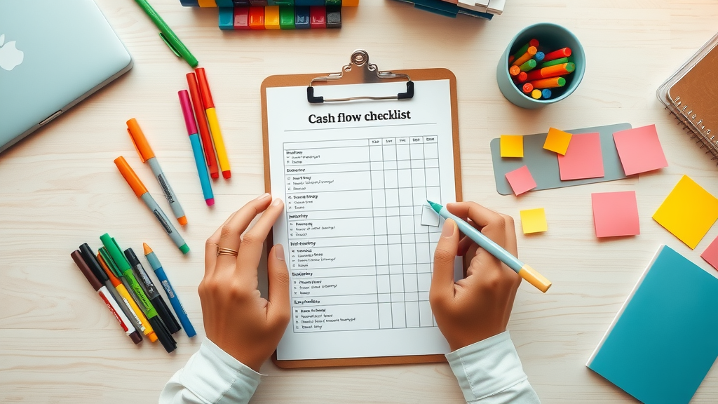 Monthly nonprofit cash flow management checklist with markers and forms on a light desktop