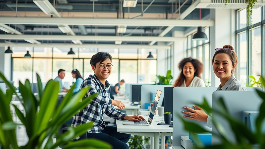 healthy work environment employees collaborating in biophilic office design