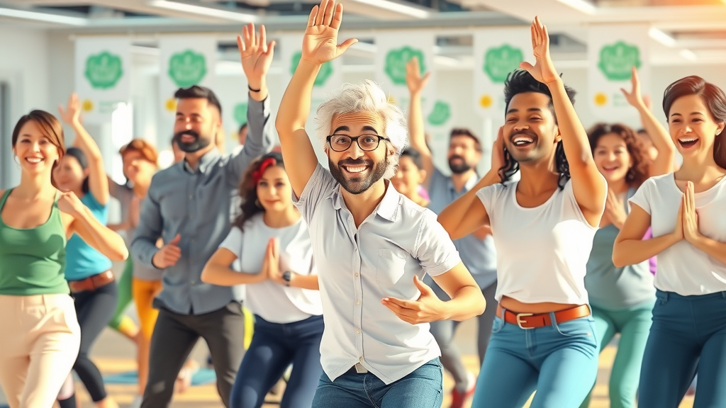 workplace wellness program event with employees participating in health activities