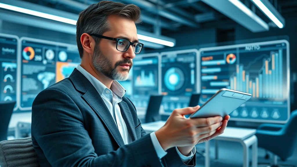 HR leader examining digital dashboard of trending employee health benefit solutions