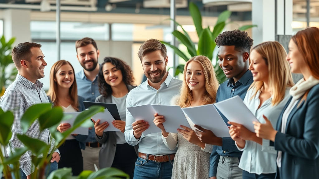 modern office environment diverse group of professionals energized collaborating on workplace wellness program, workplace wellness programs, open-plan workplace with plants and natural light employees holding wellness materials