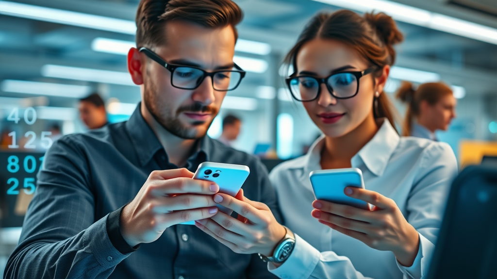 innovative office atmosphere employees using health apps on smartphones wearable devices, technology enabled wellness programs, digital workspace, workplace wellness