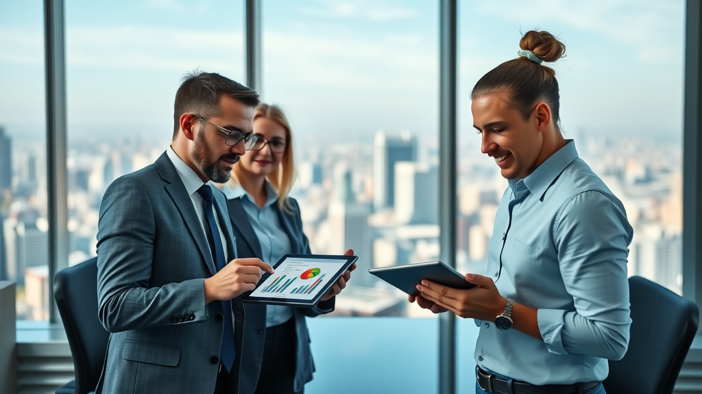 business leaders strategizing workplace wellness program goals digital tablets meal plan visuals, health plan employee health