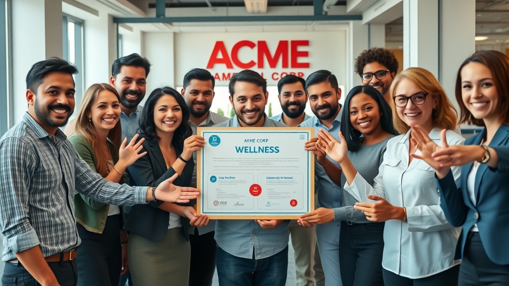 diverse ACME Corp office team celebrating wellness achievements company branding health award employee wellness program