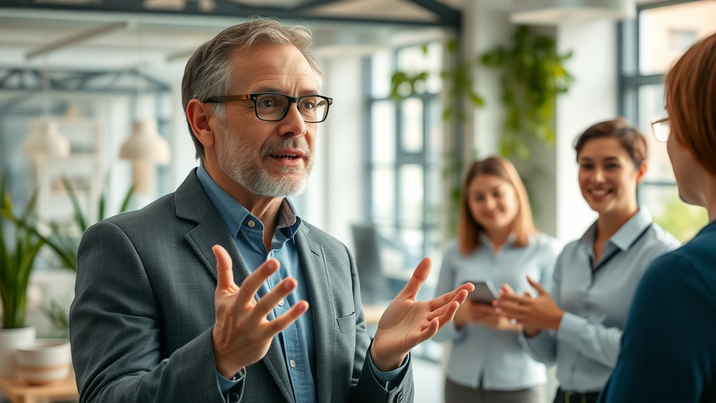 inspiring HR leader addressing mental health in collaborative modern office