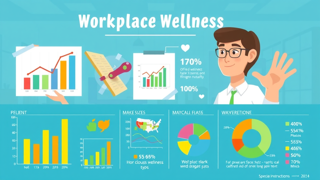 modern infographic with colorful charts and graphs showing workplace wellness statistics, no people, corporate wellness data visual