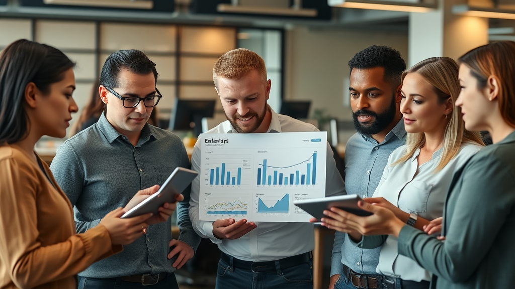 diverse group of employees reviewing workplace wellness data charts, employee wellness statistics analysis