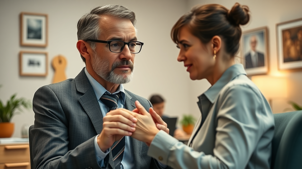concerned HR manager supporting an employee with mental health wellness in a private office, mental health initiatives in the workplace