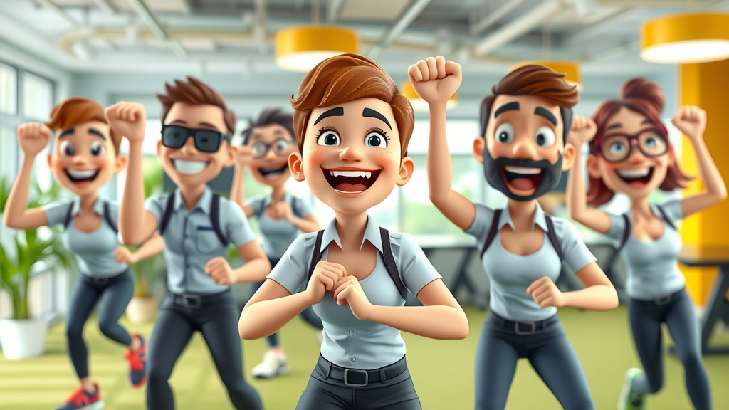 cheerful employees participating in an on-site fitness class, workplace fitness initiative trend, employee wellness promotion