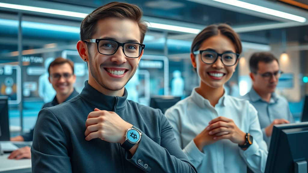 futuristic office employees using AI-powered wearables for workplace wellness tracking, future of workplace wellness statistics