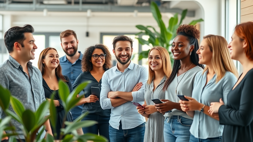 wellness program benefits group event in modern office with diverse employees and ergonomic furniture