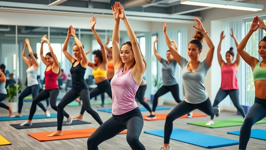 workplace wellness with employees in office fitness class practicing group stretching