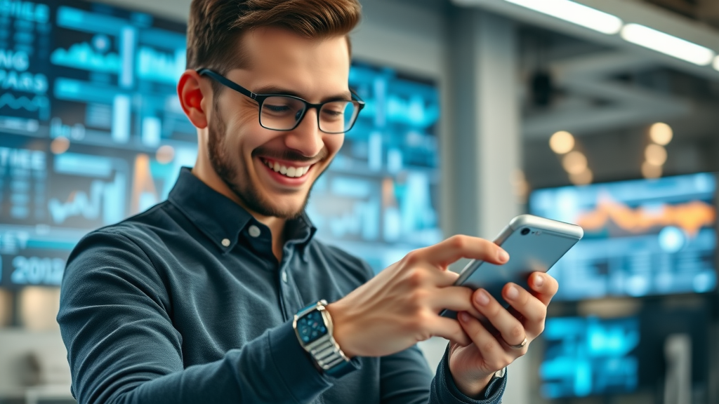 employee using smartwatch and phone for workplace wellness and activity tracking