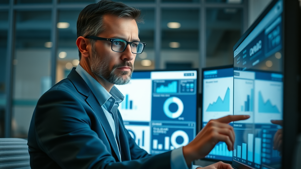 business executive analyzing wellness program benefits data dashboard