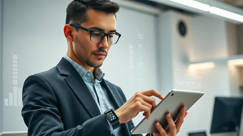 tech-savvy professional using wellness tracking wearable device and digital biometrics in a modern workspace