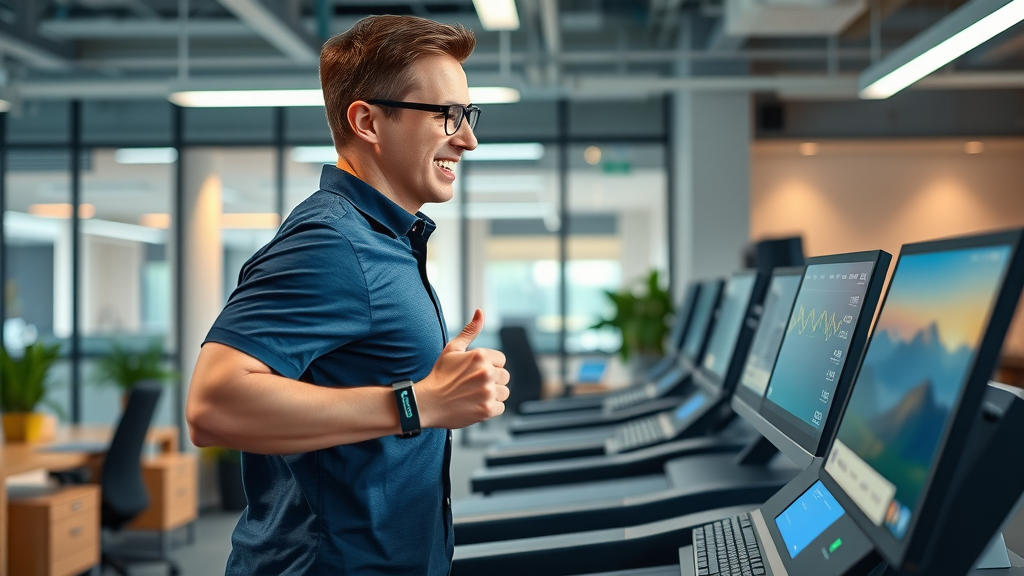 employee on treadmill desk using wearable technology to track real-time health data in a tech-enabled workplace wellness zone