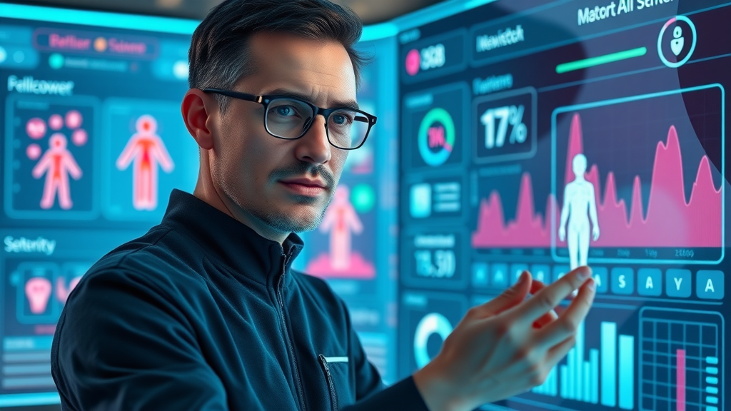 AI-generated digital health dashboard offering personalized wellness solutions through a virtual assistant in a futuristic workspace