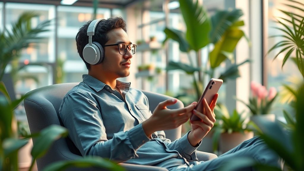 employee in a futuristic office using a meditation app for digital mental health support in a tranquil wellness space