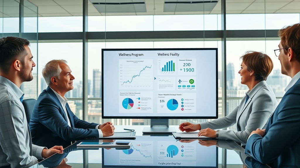executive team in a modern boardroom reviewing digital charts on ROI of workplace wellness technology programs