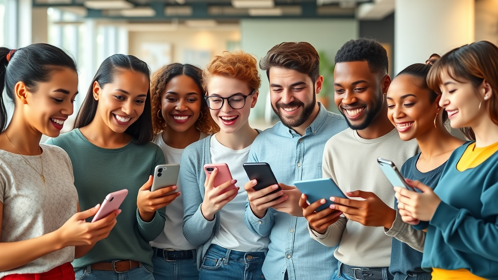 vibrant group of Gen Z and millennials using wellness technology apps in a collaborative workplace wellness space