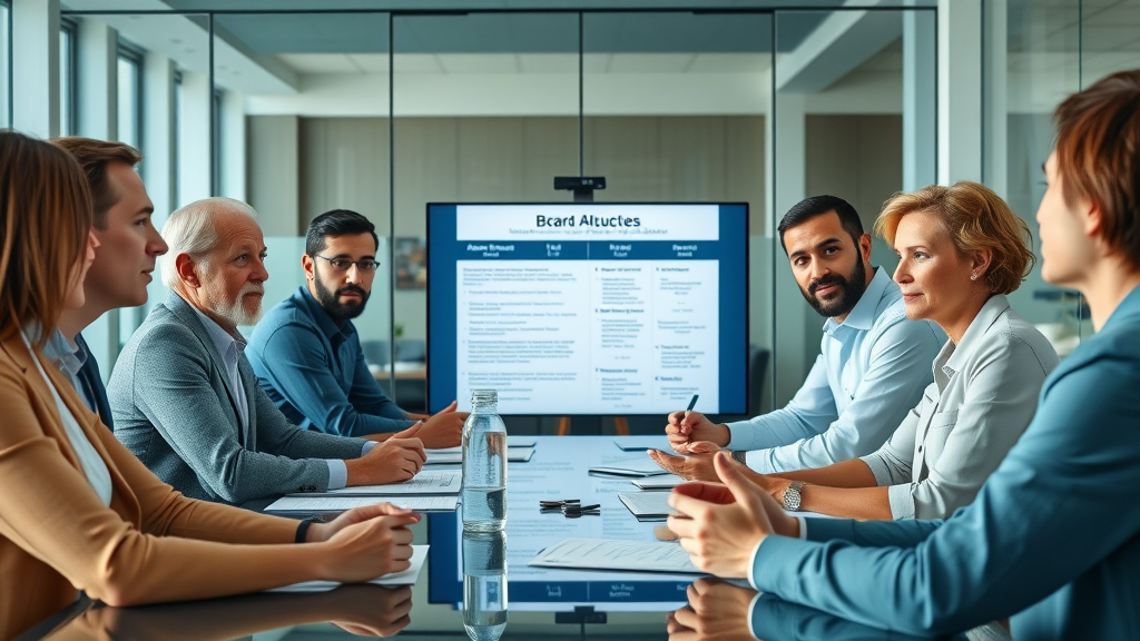 engaged nonprofit board in structured meeting with digital agenda, nonprofit board governance, modern meeting space