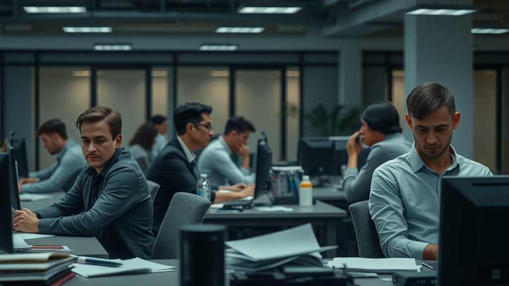 employee retention strategies in a somber office environment with disengaged workers, subtle frustration, and some employees preparing to leave