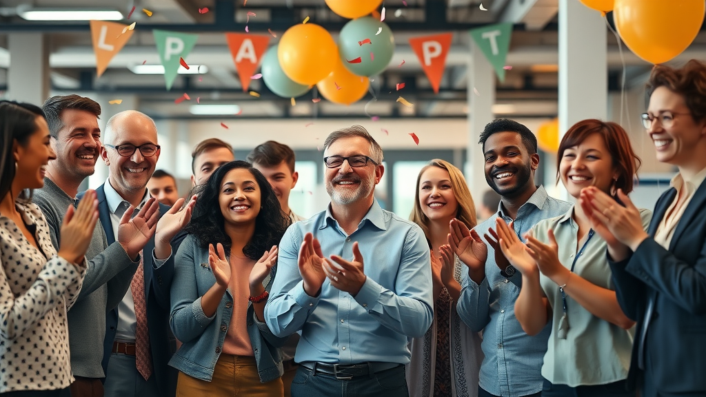 diverse employees celebrating recognition in a vibrant modern office with balloons and smiles, employee retention strategies visible in action
