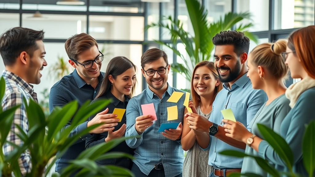 inspiring company culture with collaborative employees brainstorming ideas, bright workspace, employee retention strategies in action