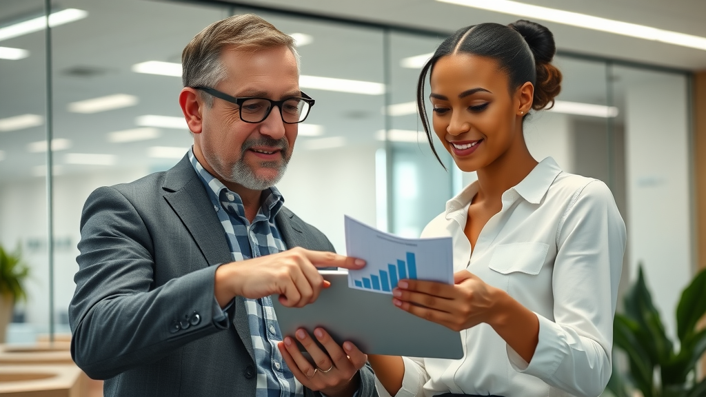 manager mentoring employee discusses career growth plan, contemporary office, tailored employee retention strategies