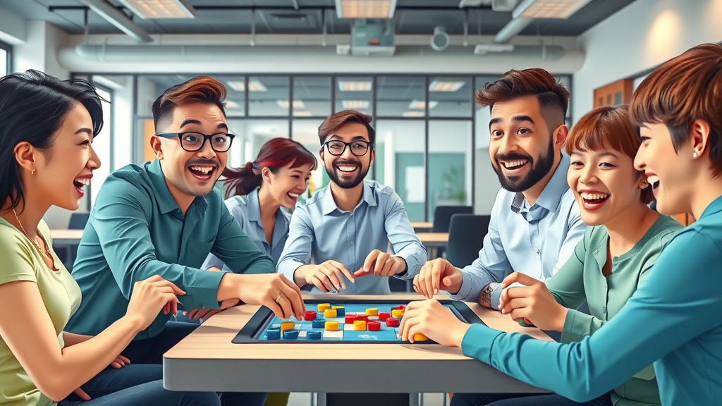 employees engaged in collaborative team-building games, laughter and energy in colorful office, demonstrates effective employee engagement and retention strategies