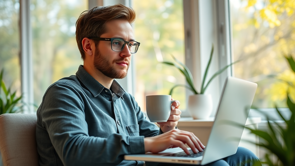 remote employee with laptop enjoying flexible work arrangement in a cozy, bright home office, showcases employee retention strategies