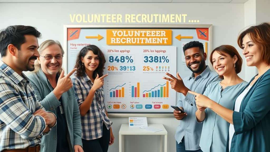 volunteer recruitment strategies infographic with volunteer recruitment statistics, confident faces, dynamic charts, and diverse group interaction in an office setting, natural poses, photorealistic