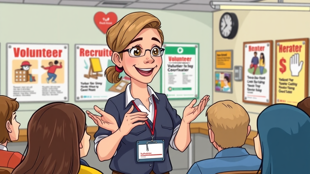 charismatic volunteer coordinator with a friendly smile presenting to an attentive group in a community center with recruitment posters, animated gestures, cartoon style