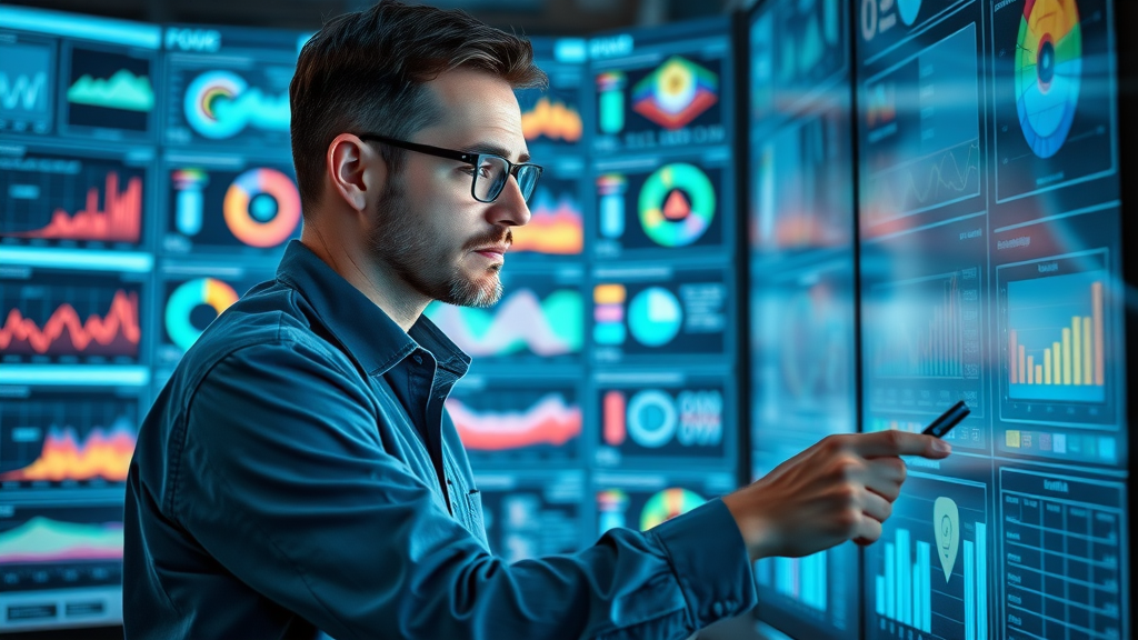 focused project manager analyzing a data dashboard with colorful analytics, volunteer recruitment strategies data visualization