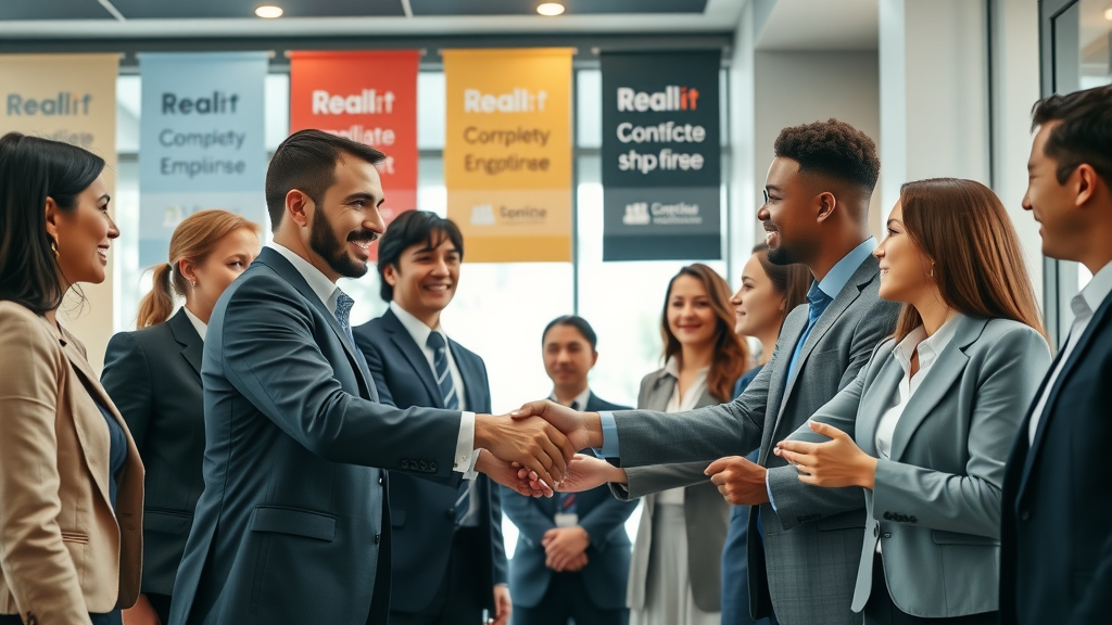 diverse group of professionals shaking hands in a celebratory modern office setting, partnership for volunteer recruitment strategies, 4K detail