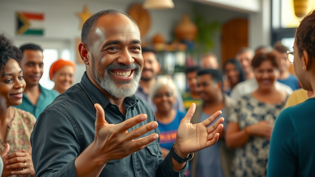 inspiring community leader welcoming a diverse group in a community center, vibrant and natural, volunteer recruitment strategies reaching new audiences