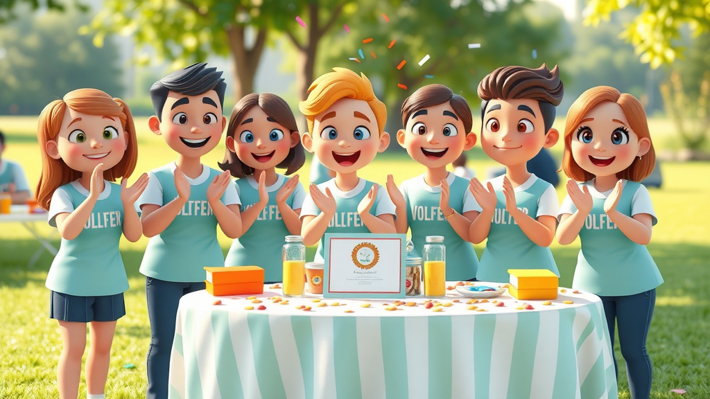 happy volunteers, cheerful and celebrating achievements at an outdoor picnic with awards, recruitment and retention recognized, cartoon style