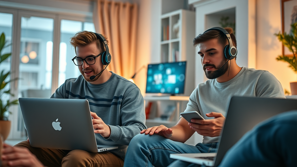 diverse volunteers working online from home with screens and headsets, virtual volunteer recruitment strategies in a modern digital world