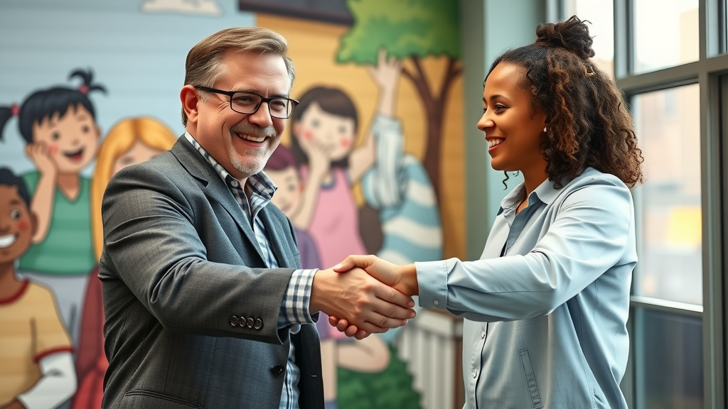community partnerships - nonprofit leader and local businessperson shaking hands with community mural background