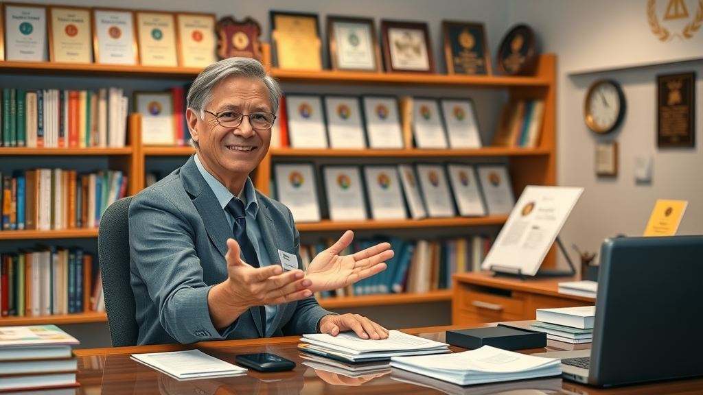 office of community engagement - friendly director explaining community programs at desk with awards and books