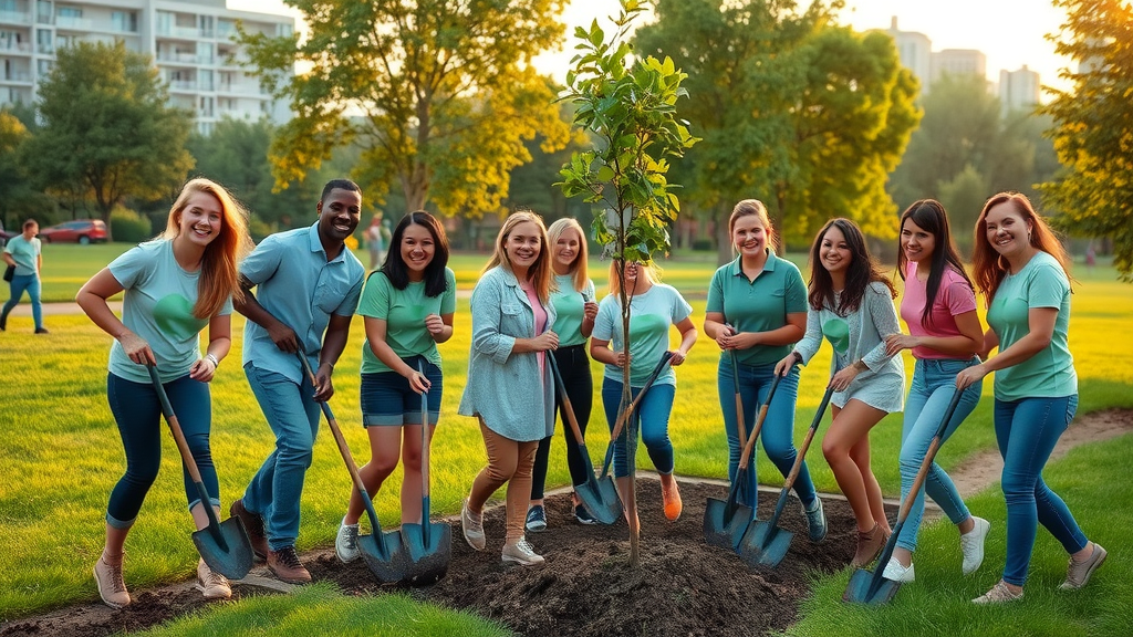 collaborative community partnership - volunteers planting trees in an urban park, city skyline in background