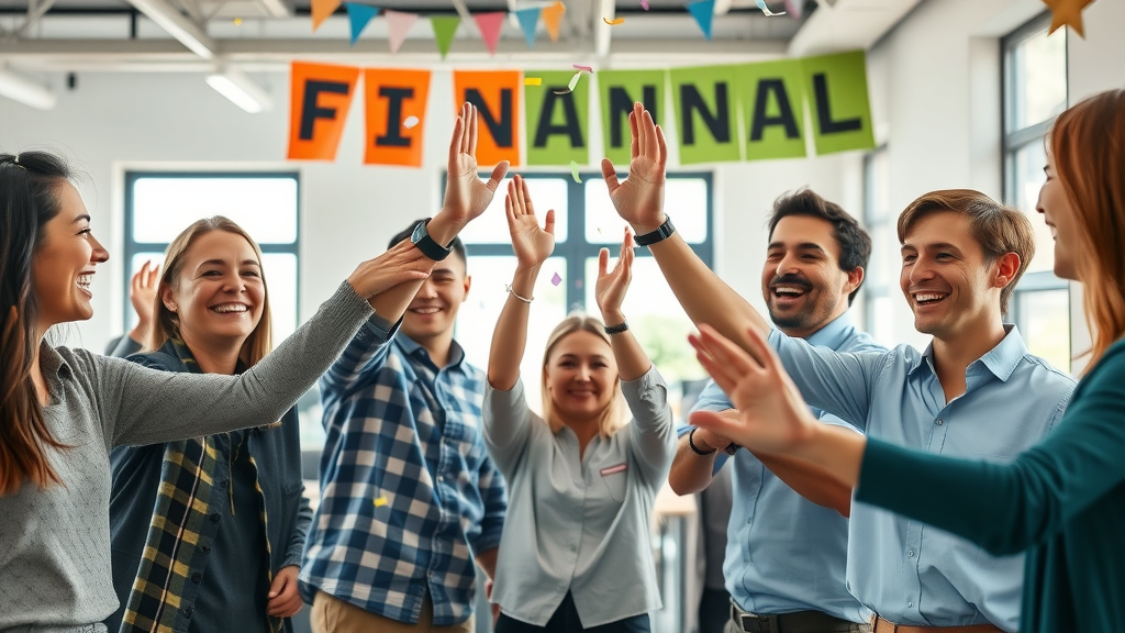 happy nonprofit staff celebrating financial sustainability milestone