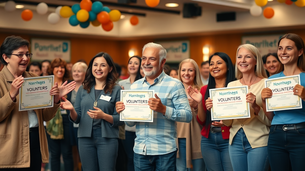 motivated volunteers receiving recognition for high volunteer engagement at nonprofit event