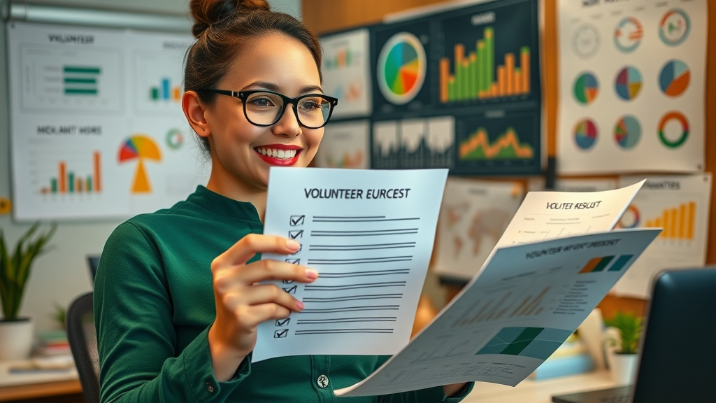 volunteer analyzing volunteer management and engagement metrics at nonprofit workspace