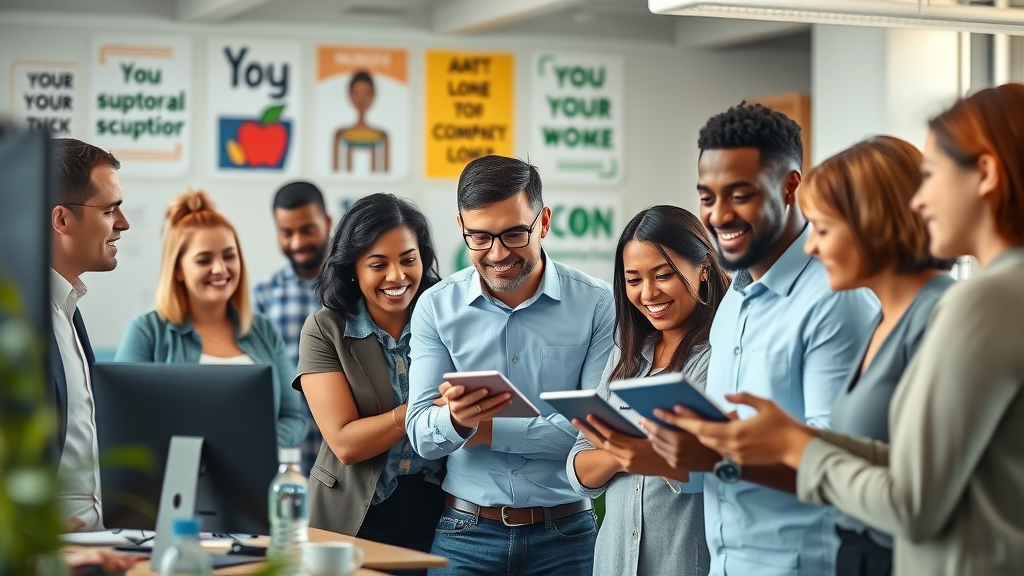 A vibrant nonprofit office with a diverse group of professionals collaborating around digital devices to illustrate digital transformation and technology for nonprofits.