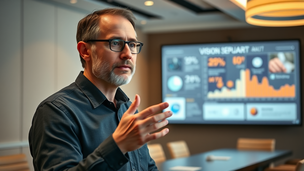 Inspired nonprofit leader gesturing towards a digital vision chart, representing strategic digital transformation and technology for nonprofits.