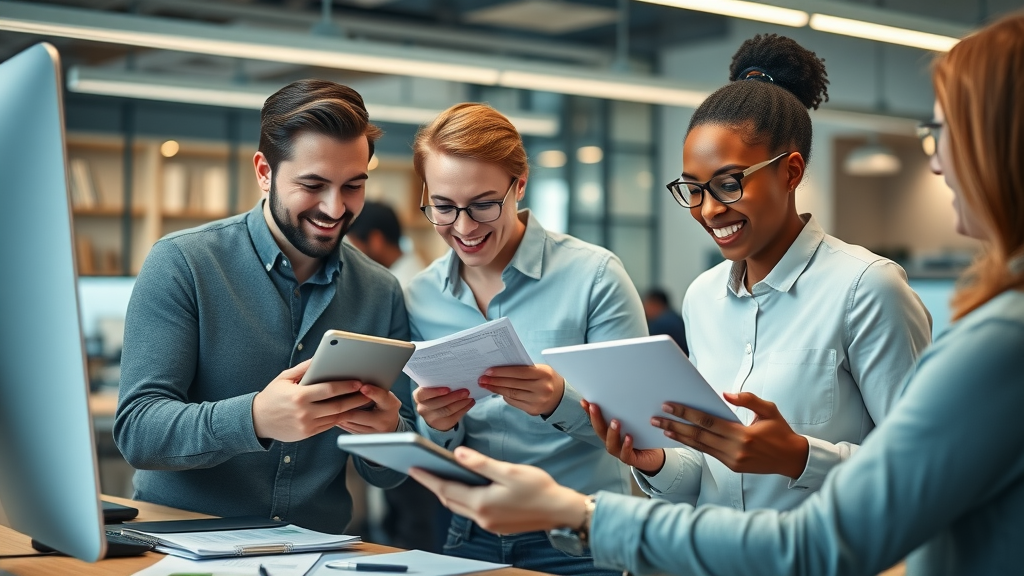 An effective nonprofit team enthusiastically analyzing data on tablets and computers, illustrating increased efficiency and digital transformation for nonprofits.